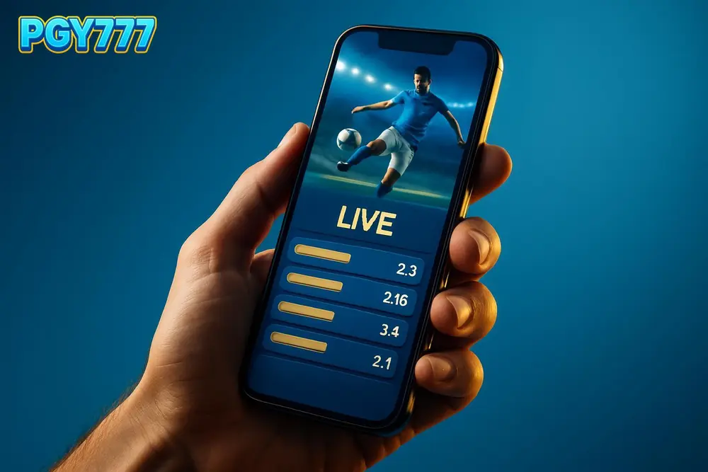 PGY777 app โ a hand holding a phone with a live sports betting screen PGY777 app โ a hand holding a phone with a live sports betting screen