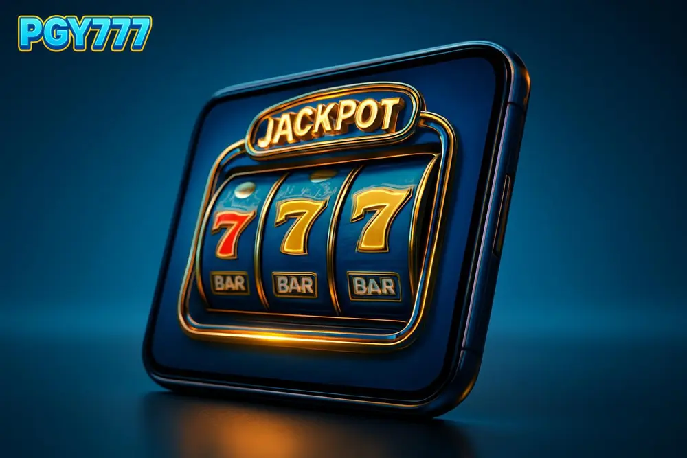 PGY777 app โ a smartphone showing a glowing online casino slot game app PGY777 app โ a smartphone showing a glowing online casino slot game app