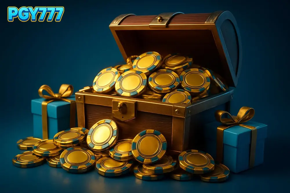 PGY777 bonus โ an overflowing treasure chest of golden casino chips and gift boxes PGY777 bonus โ an overflowing treasure chest of golden casino chips and gift boxes