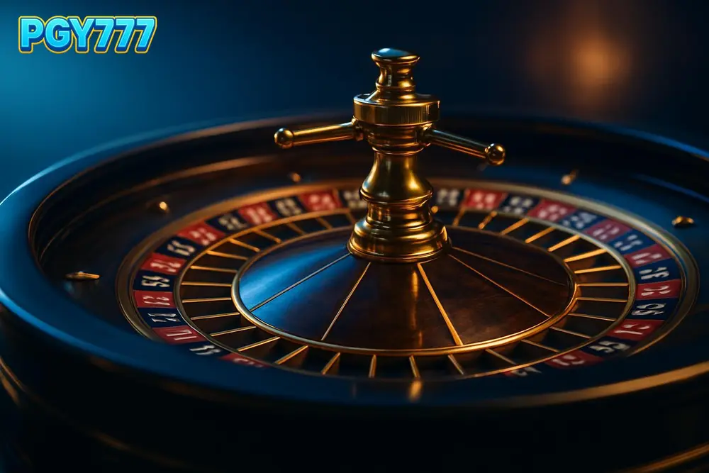 PGY777 casino — an elegant roulette wheel spinning under warm casino lighting