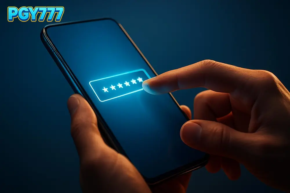 PGY777 login — a hand typing on a phone with a glowing password field